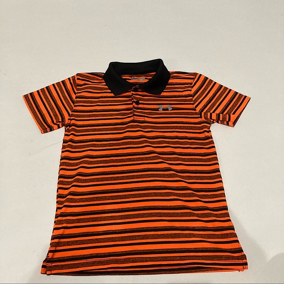 U.A. HeatGear Kids Polo Sz 7 Orange & Black Stripe - Picture 1 of 3
